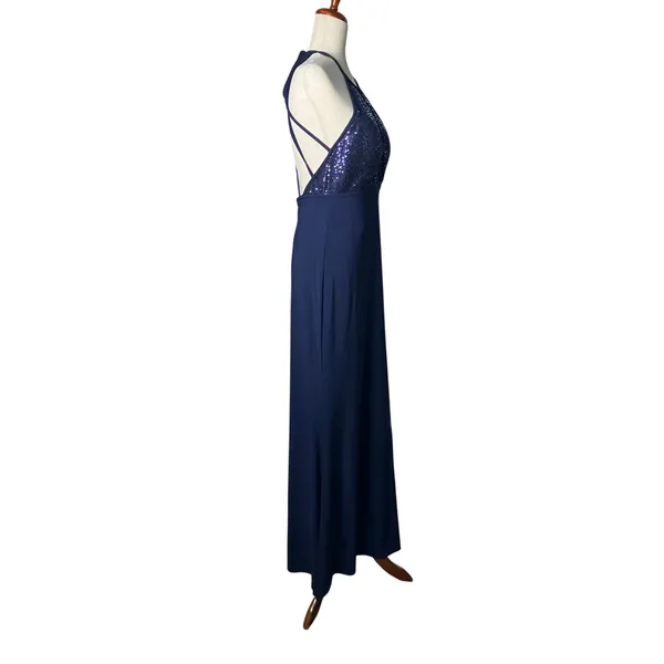 X by Xscape Navy Sequin Halter Keyhole Formal Maxi Gown Size 12 - Image 2