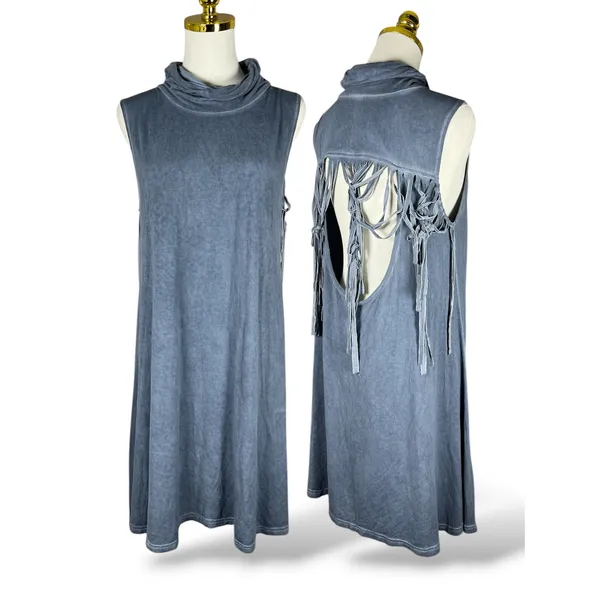 POL Womens Blue Mineral Wash Cowl Neck Fringe Open Back Sleeveless Mini Dress L - Image 2