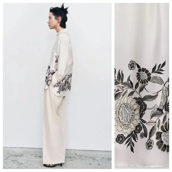 Zara White Satin Effect Printed Flowing Collared Shirt Size XS - Image 3
