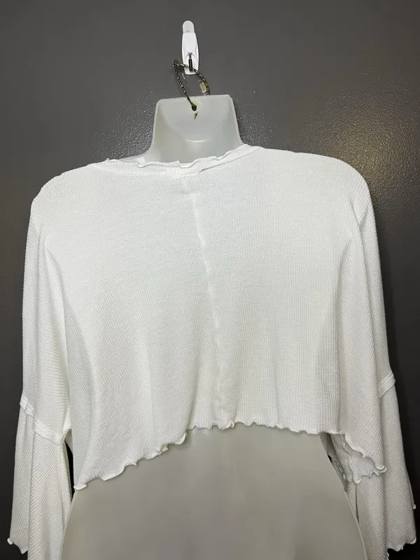 Altar'd State Blouse Womens XS White Ruffle Lettuce Hem Bell Sleeve Crop Top - Image 5