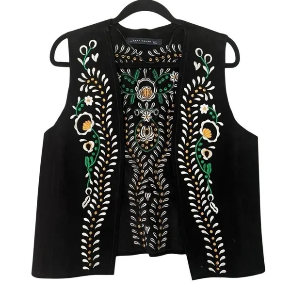 New Zara Black Embroidered Crop Vest Medium - Image 4