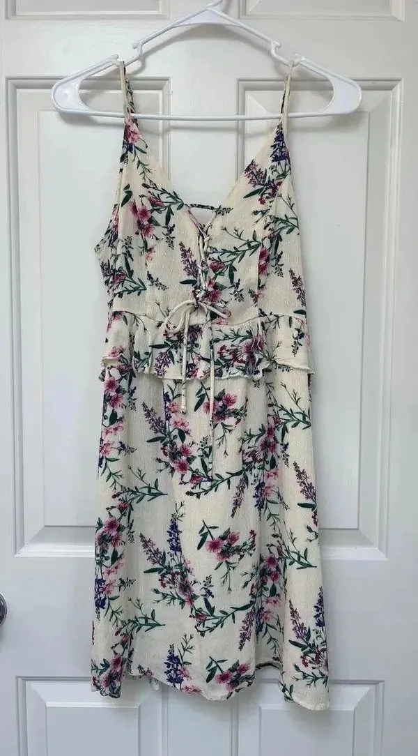 American Eagle Outfitters Cream Floral Tie-Front Mini Dress - Image 2