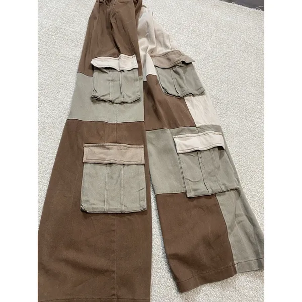 Hot & Delicious Patchwork Cargo Pants Brown Beige Olive Cotton Relaxed Women's M - Image 13