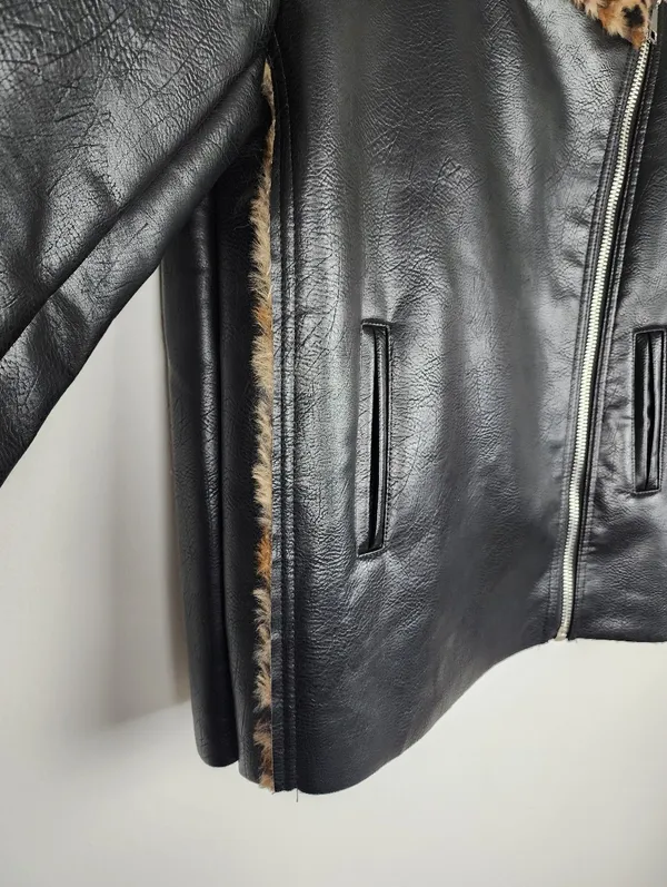 Black Faux Leather Moto Jacket with Leopard Faux Fur Accent - Image 9
