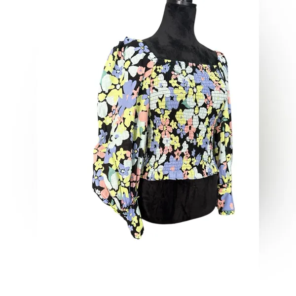 Free People Smocked Floral Puff Sleeve Top‎ XS – Square Neck Black Multicolor - Image 4