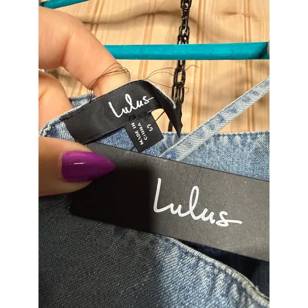NWT Lulus Charmed Aura Light Denim Tie-Strap Bubble-Hem Mini Dress Babydoll Sz S - Image 7