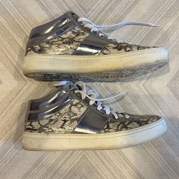 Jimmy Choo Bells Snakeskin High Top Sneakers Silver Natural Size 38 - Image 2