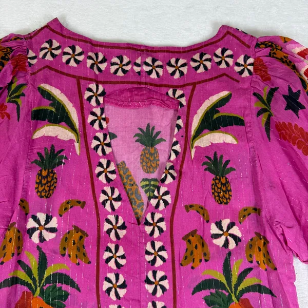Farm Rio Pink Tropical Leopard Floral Tassel Tunic Top XS 307082 Metallic Lurex - Image 9