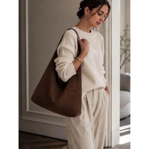 Coffee Brown Suede Slouchy Hobo Tote Crescent Bag Set + Mini Suede Shoulder Bag - Image 5