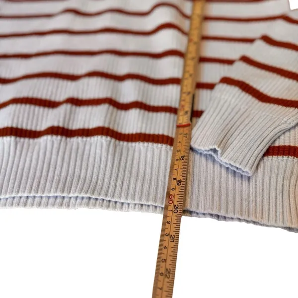 Monoprix Femme Ivory Rust Stripe Ribbed Half Zip Sweater XS French Knit Top Chic - Image 10