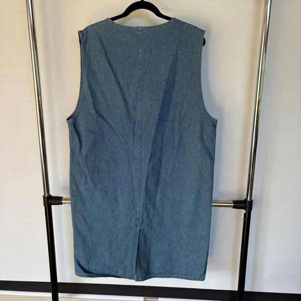 Vintage 90s Denim Jean Dress Boxy Teacher Academia Blue V-Neck Deadstock Large - Image 3