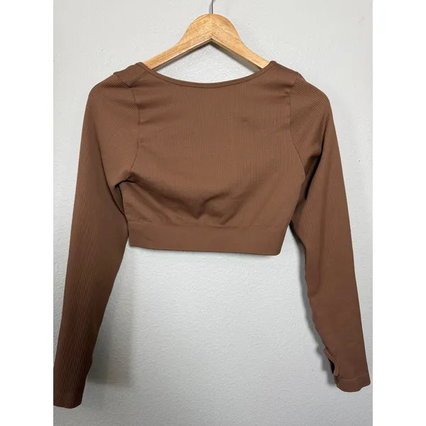Brown Ribbed Seamless Long Sleeve Crop Top Square Neck Thumbhole‎ L - Image 5