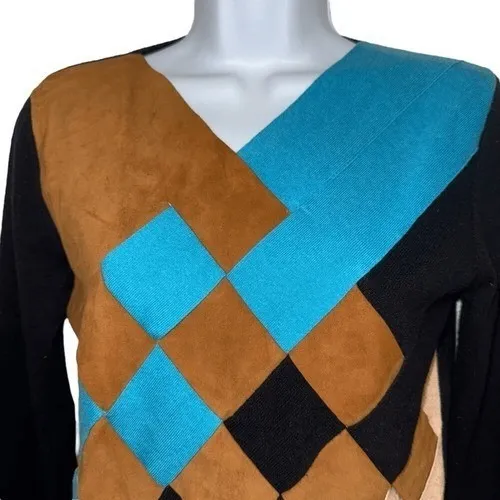 SI-IAE Cashmere Black Sweater With Criss Cross Faux‎ Suede L/S EUC Size Small - Image 3