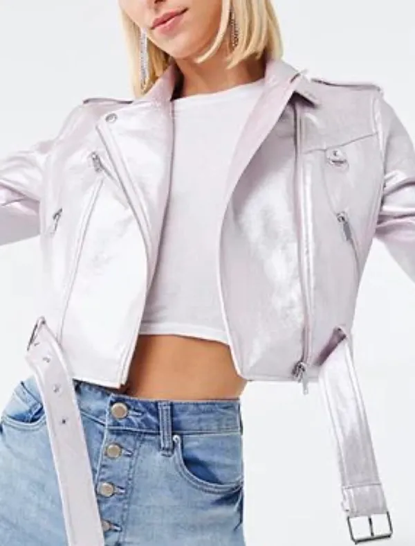 Forever 21 Metallic Pink Cropped Faux Leather Moto Biker Jacket - Image 2