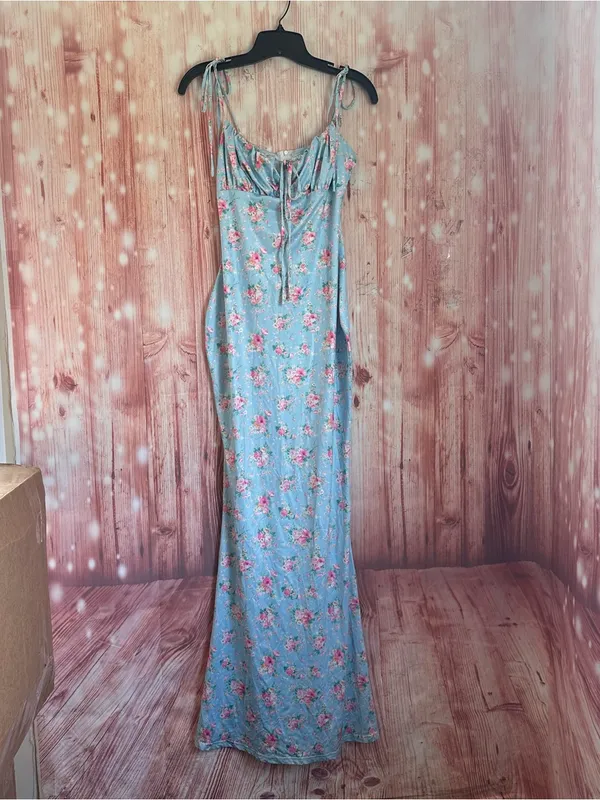 Shein PARTHEA Blue Floral Print Spaghetti Strap Mermaid Hem Ruched Maxi Dress L - Image 2