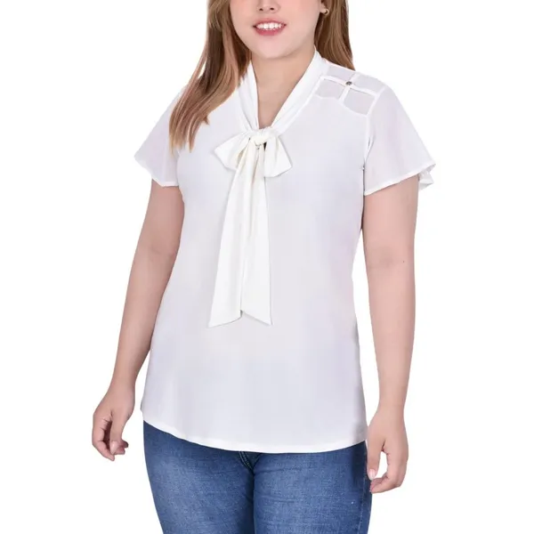 Ny Collection Short Sleeve Knit Top with Chiffon Shoulders Ivory Off White 1X - Image 7