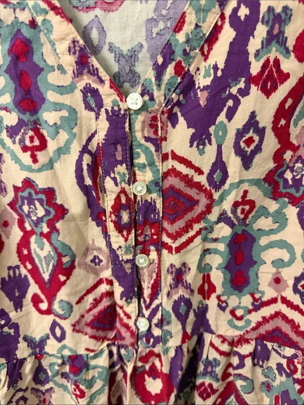 Beach Lunch Lounge Boho Ikat Tiered Mini Dress Pink Purple XS - Image 5