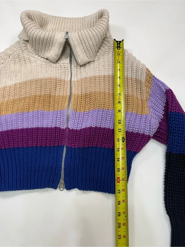 aerie 100% Cotton Cropped Zip-Up Striped Sweater in Cream, Mustard, Purple, Navy - Image 3