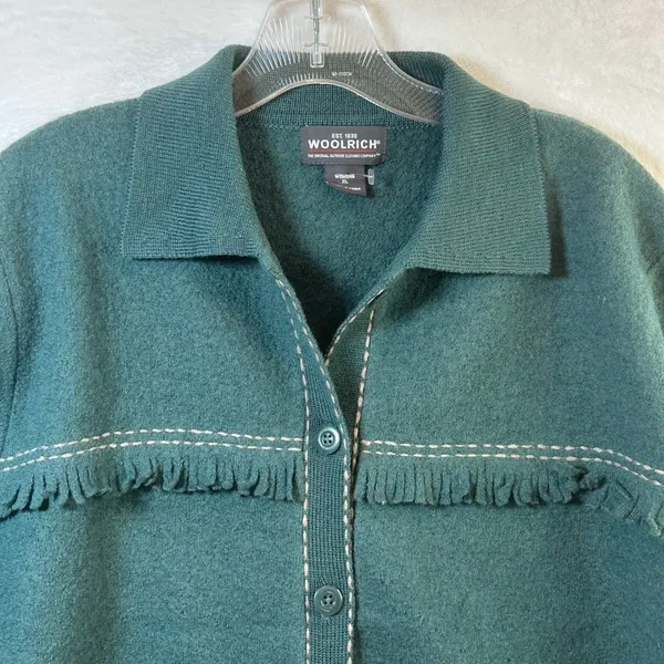 Woolrich Womens XL‎ Mallard Green 100% Wool Fringed Button Front Jacket Western - Image 4