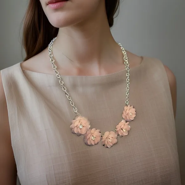 Elegant Pastel Pink Floral Blossom Crystal Statement Necklace silver Adjustable - Image 3