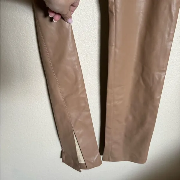 ZARA Faux Leather High Rise Straight Leg Pants Leggings Split‎ Hem Sz XL tan NEW - Image 2