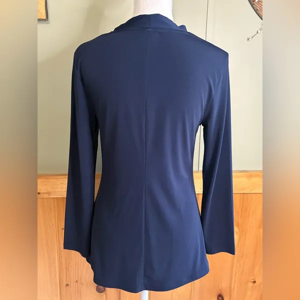 Ann Taylor Mixed Media Pleated Front Dark Blue Top size Medium - Image 4