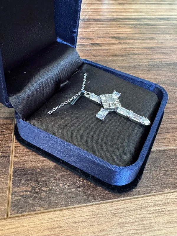 Crystal Cross Necklace 18” .925 Silver Plated Chain NIB - Image 2