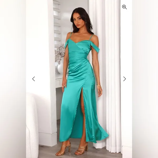 Hello Molly Luxury Affair Satin Maxi Dress Off Shoulder Green 8 Prom Wedding - Image 2