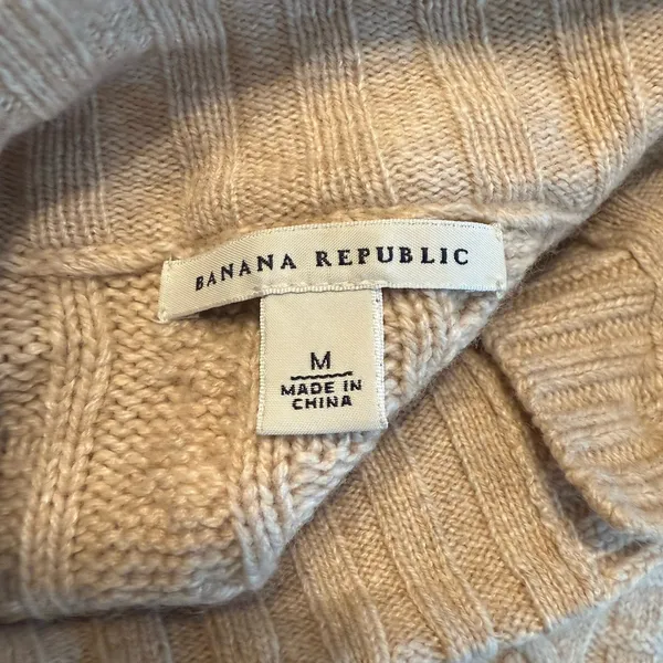 Banana‎ Republic Cardigan Sweater Sz Med Cashmere Blend Tan Cable Knit Mock Neck - Image 5