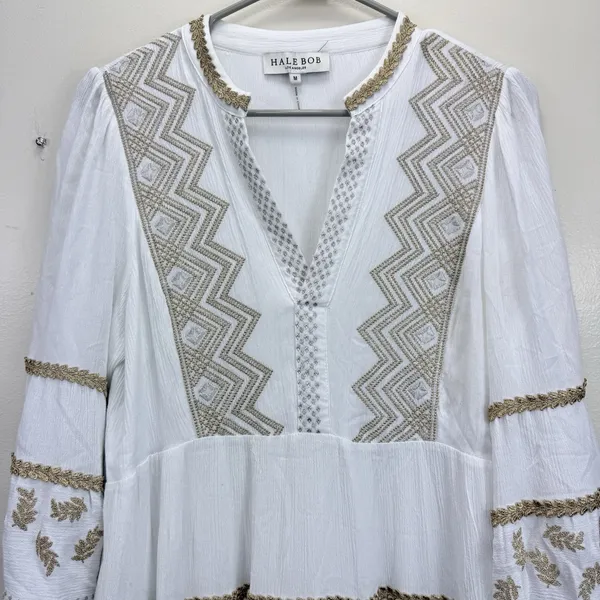 Hale Bob White Gold Embroidered Boho V Neck Tiered Gauze Taliah Dress MEDIUM - Image 7