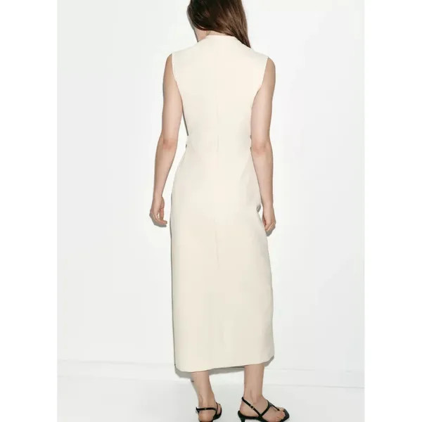 Zara Ecru Midi Dress Gold Buttons Sophisticated Minimalist Quiet Luxury Cream - Image 8