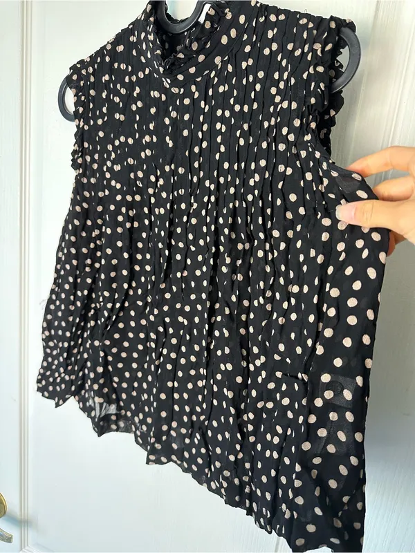 GANNI 2025 Polka Dot Print Mock Neck Smocked Ruffle Pleated Flowy blouse top XS - Image 8