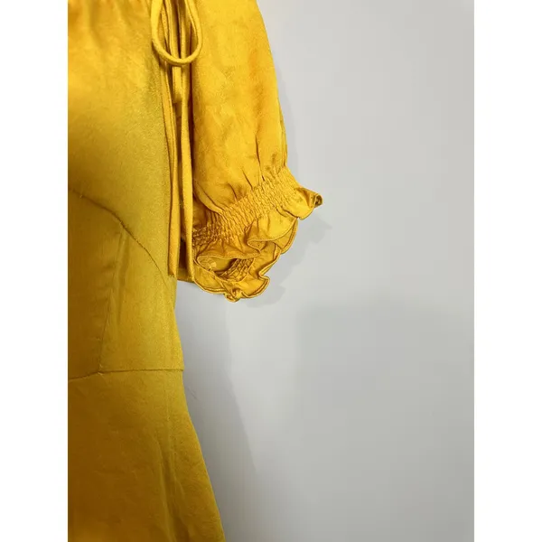 Farrow Yellow Satin Ruffle Tie Neck‎ Midi Dress Size M - Image 5