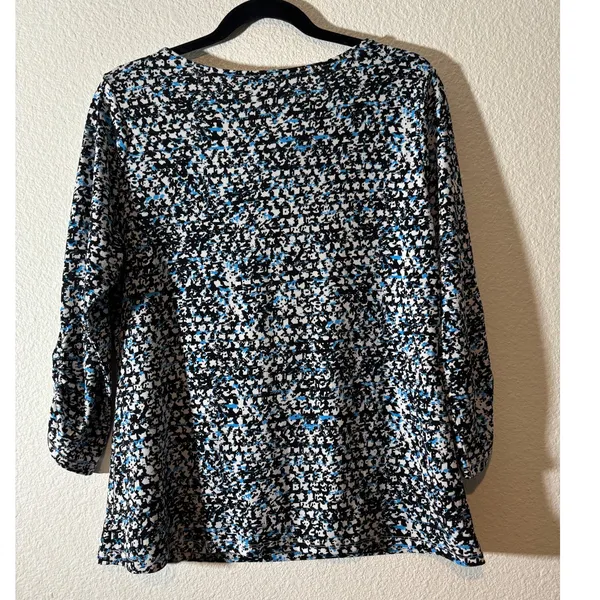 Ann Taylor Women's Size L Blue Black Abstract Cowl Neck 3/4 Sleeves Blouse Top - Image 2