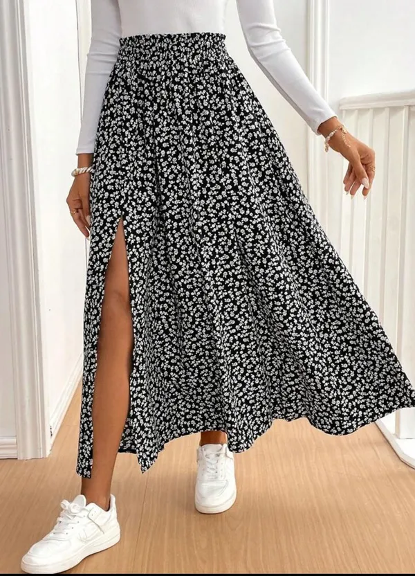 black and white floral slit skirt - Image 2