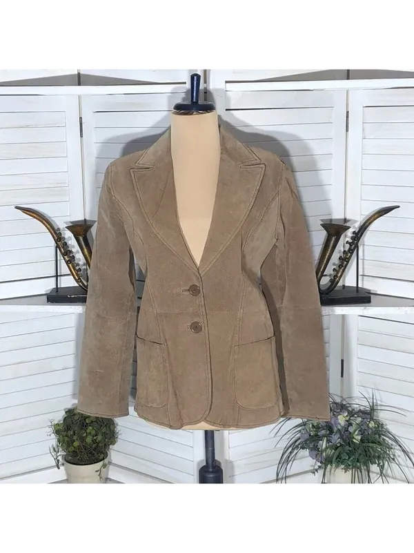 Vintage Y2K Suede Leather Blazer Coat Camel Brown Size M - Image 9