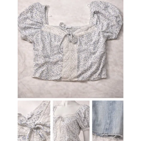 Sienna Sky Blue Floral Smocked Crop Top - Lace Trim & Puff Sleeves - Image 2