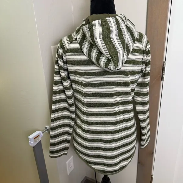 Eddie Bauer Olive Green White Stripe Popover Hoodie Sweatshirt Buttons Knit S - Image 4