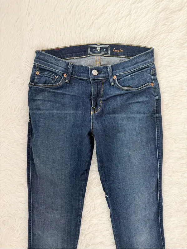7 For All Mankind Kaylie Slim Bootcut Jeans Size 25 Blue Wash Raw Hem - Image 2