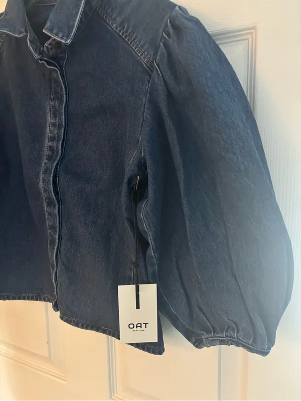 Oat New York Dark Blue Denim Puff-Sleeve Jacket, Size-Small - Image 4