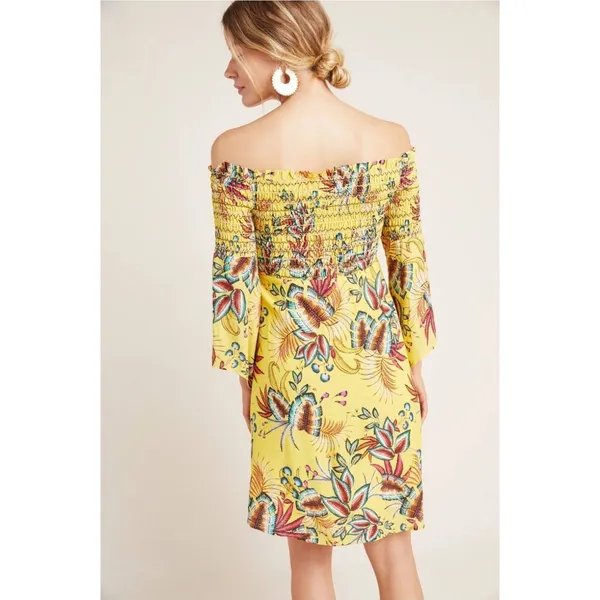 Farm Rio Bria Smocked Dress Anthropologie Size S Petite Yellow Tropical Floral - Image 3
