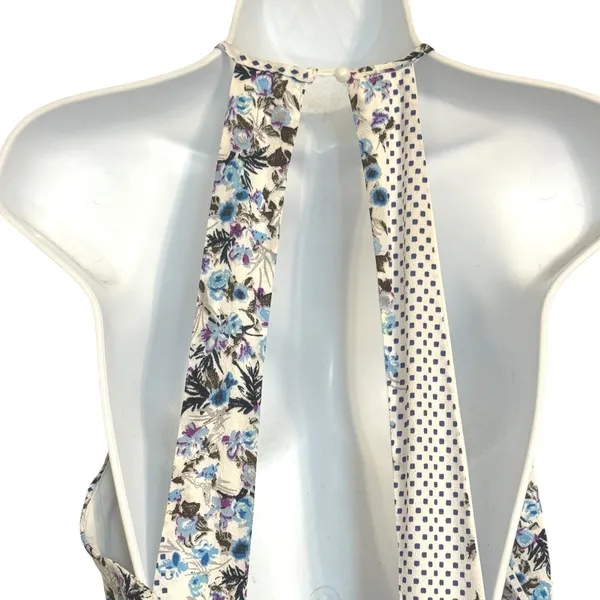 BANJUL Floral‎ Polka Dot Halter Wide Leg Jumpsuit Blue White Tie Waist NWOT M - Image 6