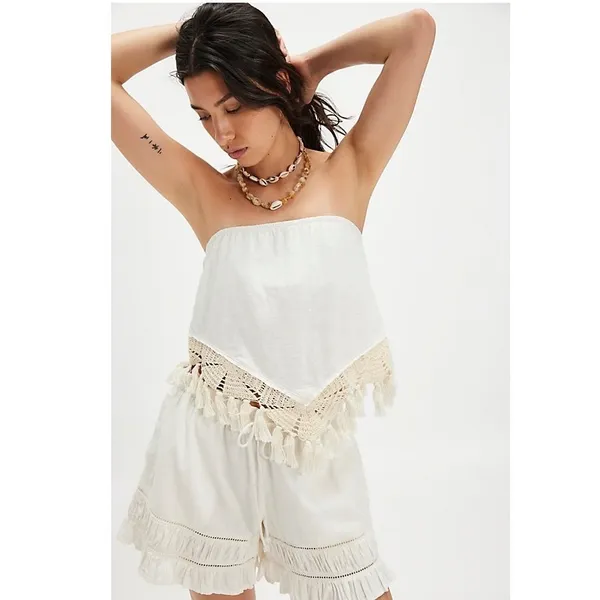 Free People Womens White Cotton Crochet Tassel Handkerchief‎ Tube Top Small Boho - Image 2