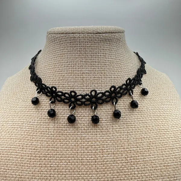 Gothic Moody Witchy Floral Tatting Beaded Choker One Size Black - Image 2