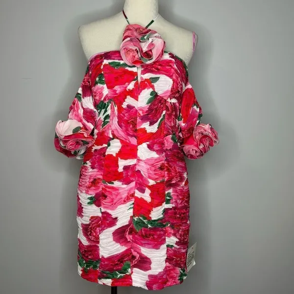 ASOS Luxe- Halter Pink Floral Ruched Mini Dress - Image 3