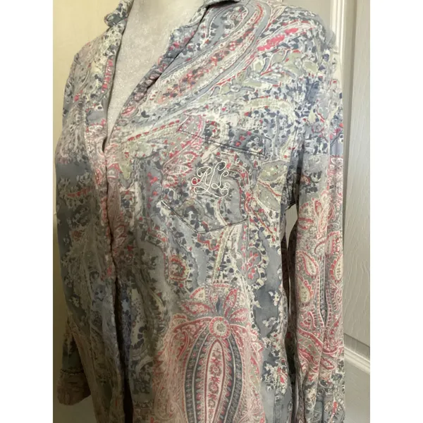Lauren Ralph Lauren Blue Pink Paisley Cotton Blend Button Front Sleep Shirt S - Image 3