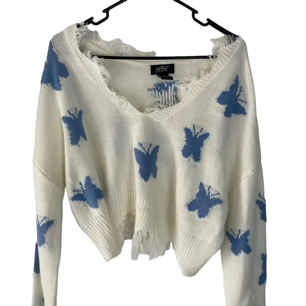 Just Polly Women White Blue Butterfly Distressed Cropped V-Neck‎ Sweater Large - Image 2