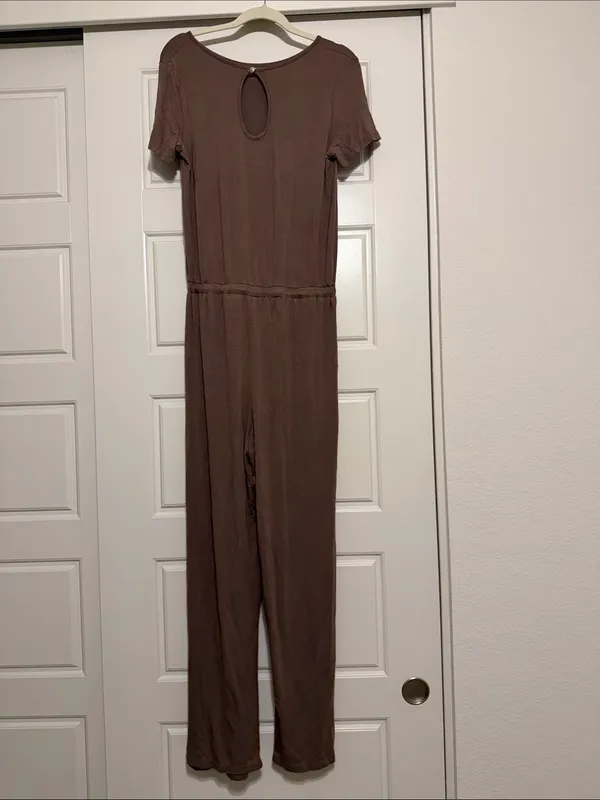 Casual Short-Sleeve Brown Jumpsuit with Drawstring Waist - Size Medium - Image 6