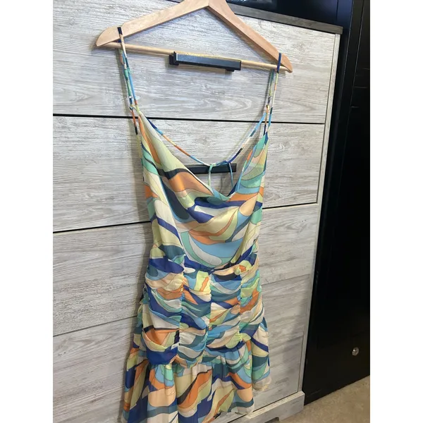 Sky to Moon Retro Swirl Print Ruched Mini Dress Blue Orange Cowl Neck Large - Image 3