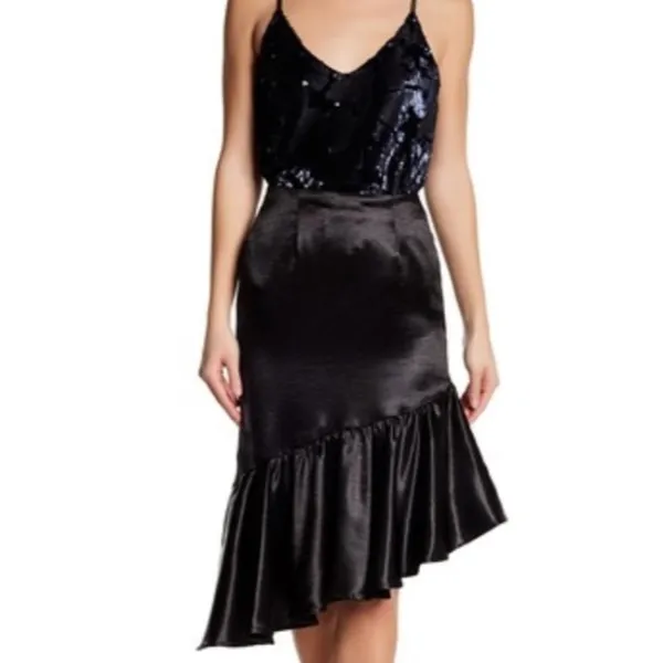 Ro & De Black Satin Asymmetrical Ruffle Midi Skirt NWT S - Image 2
